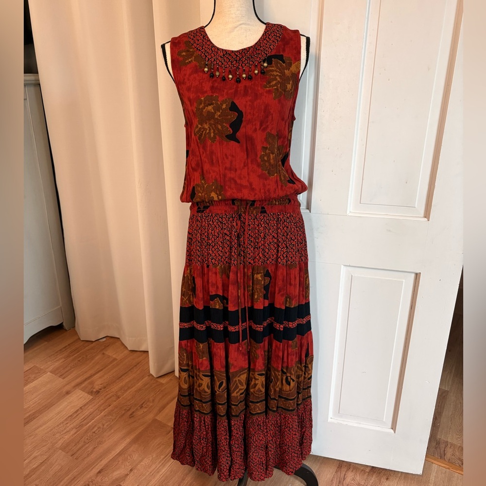 Carole Little Red Floral Maxi Skirt with Black & Brown Accents